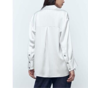 NWT ZARA White Satin Effect Button Down Ling Sleeve Shirt S